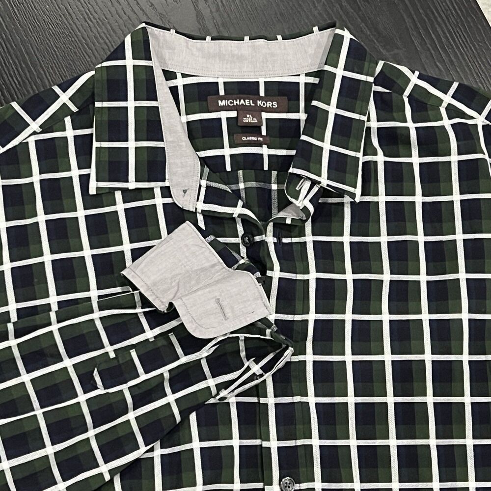 Michael Kors Mens XL Plaid Checks Button Down Shirt Brunswick Green Flip cuff